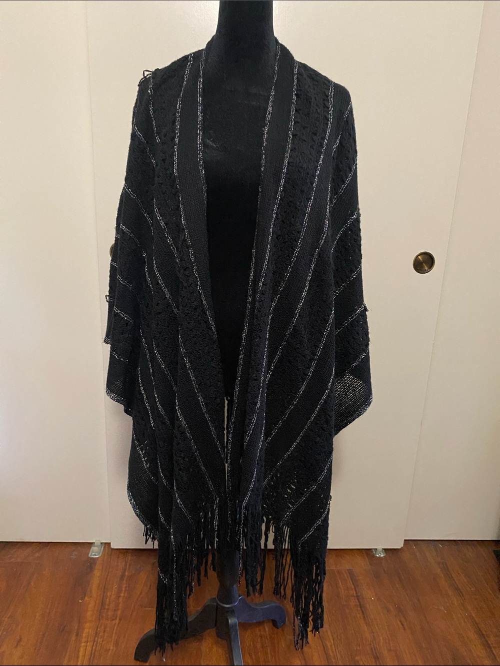 Black Fringe Open-Front Knit Shawl Jacket